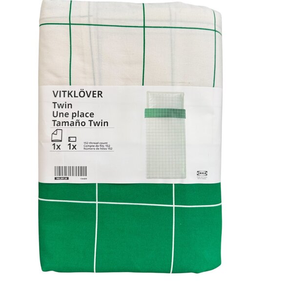 IKEA VITKLOVER Green & White Check Twin Reversible Duvet Cover Set - Picture 1 of 2